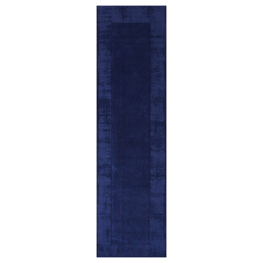 Handloom Plain Carved Border Wool Runner Rugs in Navy Blue